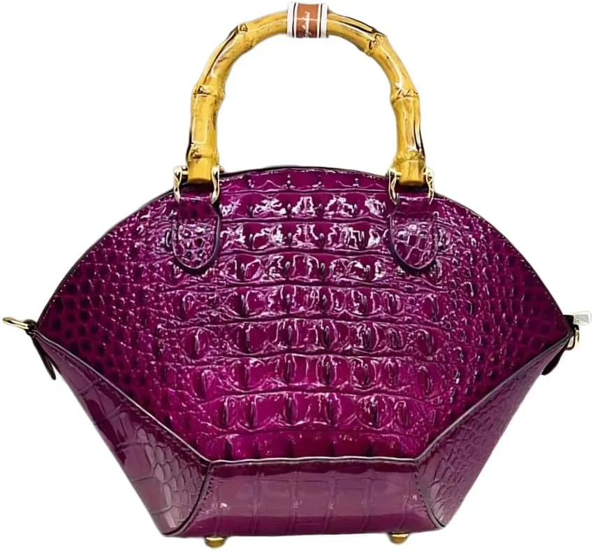 Small Clamshell Purses Bag For Women Bamboo Top-Handle Satchel Handbags Shoulder Crossbody Crocodile Pattern Leather Bags