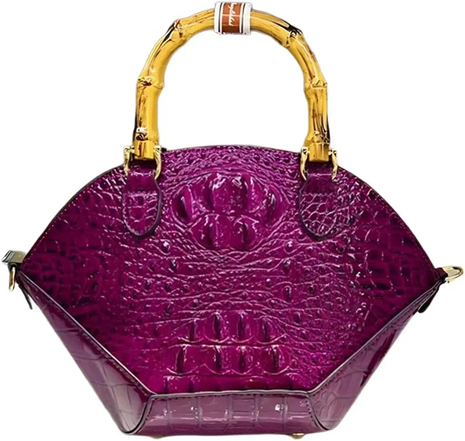 Small Clamshell Purses Bag For Women Bamboo Top-Handle Satchel Handbags Shoulder Crossbody Crocodile Pattern Leather Bags