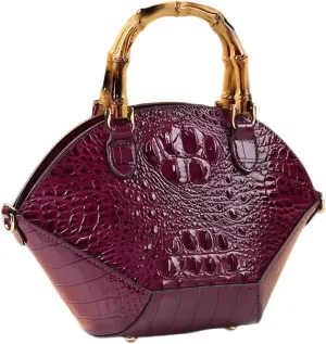 Small Clamshell Purses Bag For Women Bamboo Top-Handle Satchel Handbags Shoulder Crossbody Crocodile Pattern Leather Bags