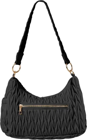 Small Puffer Shoulder Bags Lightweight Crescent Quilted Handbags for Women, Puffy Purses with Woven Top-Handle