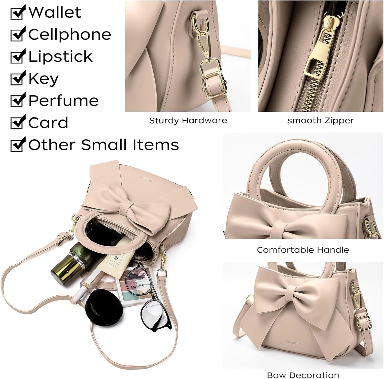 Small Purses for Women Crossbody Bag, Vegan Leather Crossbody Purses and Handbags with Top Carry Handle and Cute Bow Knot