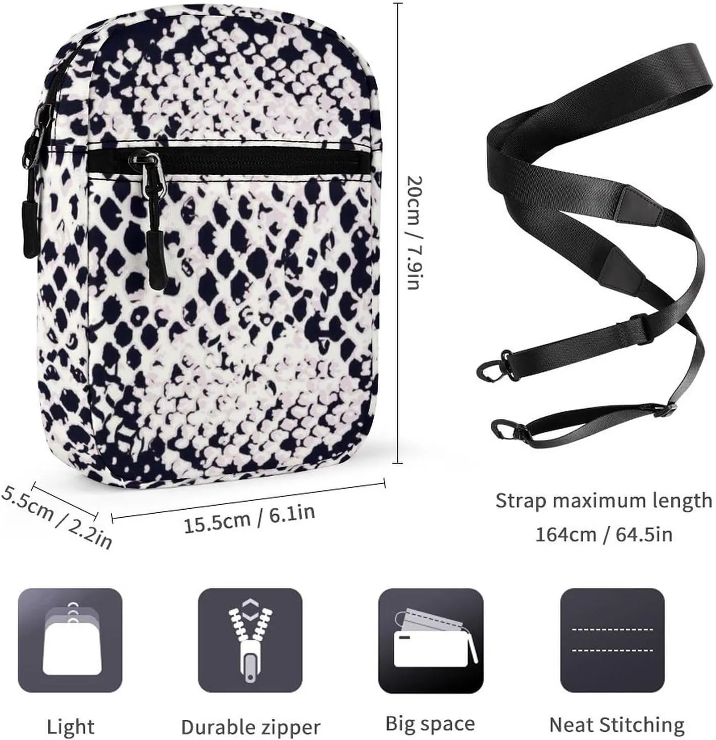 Snake Skin Pink White Black Animal Texture Adjustable Fanny Waist Pack Pouch, Waterproof Crossbody Runners Bag Wallet for Gym Hiking Fitness Women Men 6.1 x 2.2 x 7.9 inch