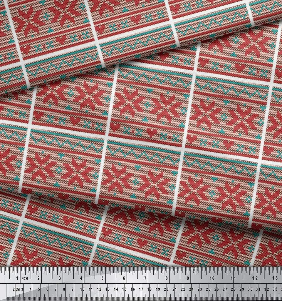 Soimoi Rayon Red Fabric - by The Yard - 56 Inch Wide - Aztec Knitting Geometric Print Fabric - Ethnic and Trendy Designs for Fashion and Craft Projects Printed Fabric