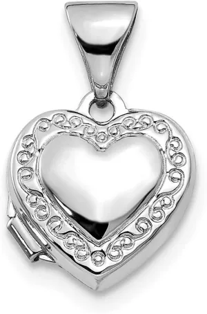 Solid 14k White Gold Polished Love Heart Shaped Scrolled Locket Pendant (15mm Height x 10mm Width)