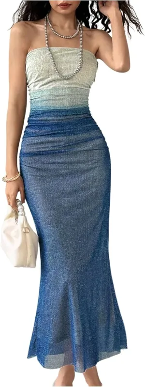 SOLY HUX Women's Ombre Maxi Tube Top Dress Elegant Ruched Strapless Fishtail Bodycon Mesh Dresses