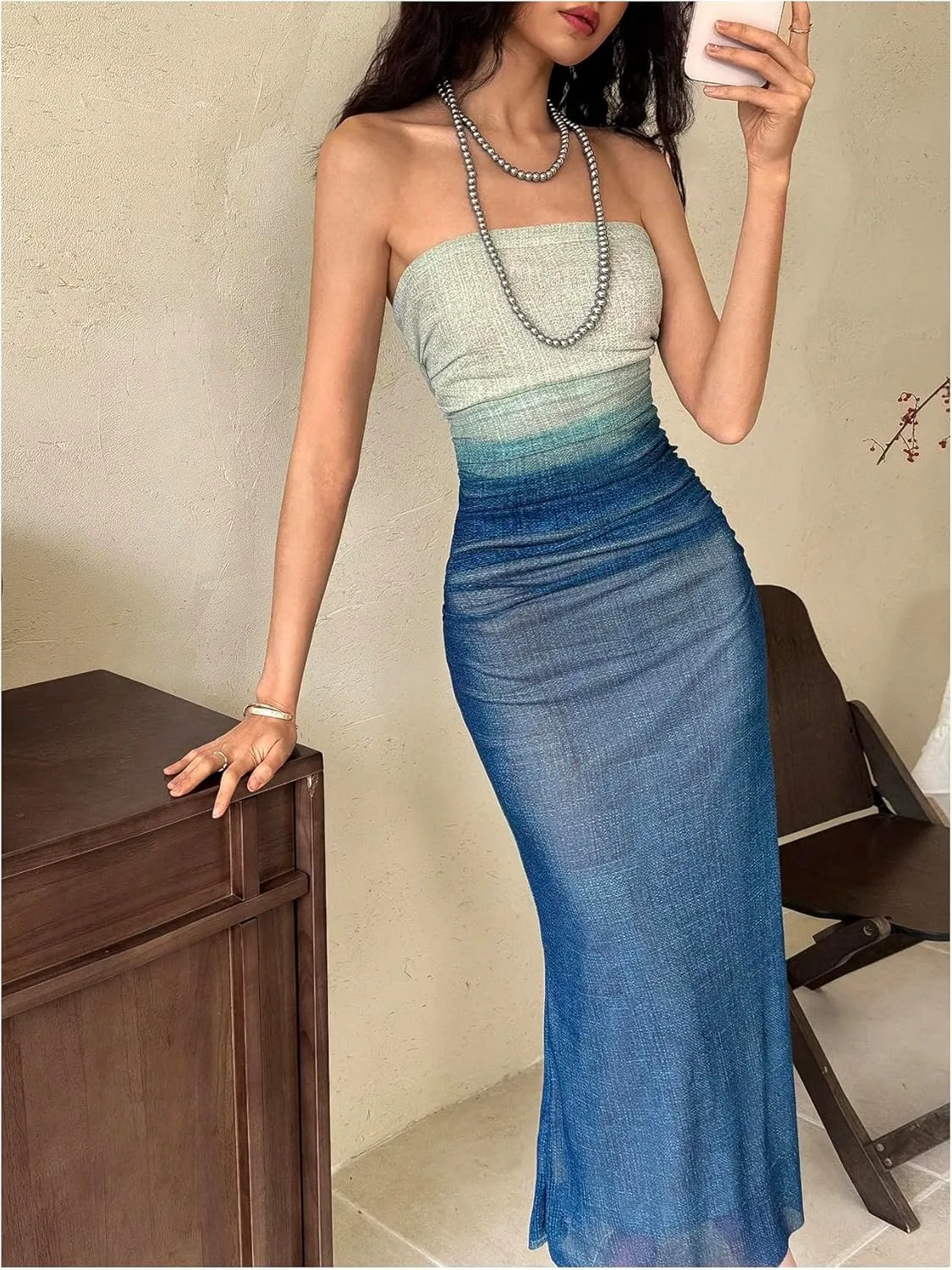 SOLY HUX Women's Ombre Maxi Tube Top Dress Elegant Ruched Strapless Fishtail Bodycon Mesh Dresses