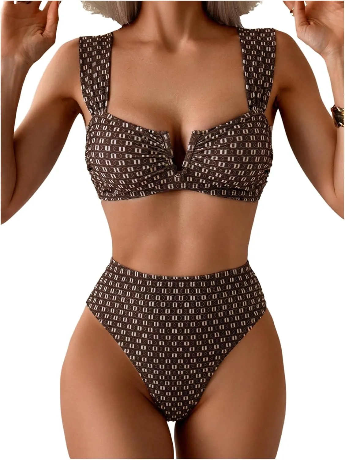 SOLY HUX Women's Printed High Waisted Bikini Set 2 Piece V Wired Bikini Set Beach Wear