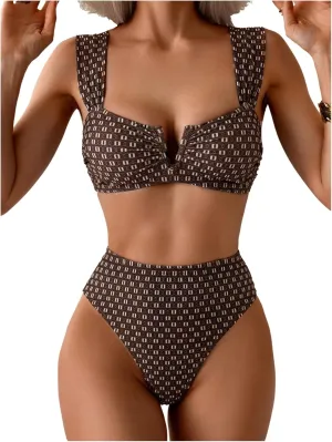 SOLY HUX Women's Printed High Waisted Bikini Set 2 Piece V Wired Bikini Set Beach Wear