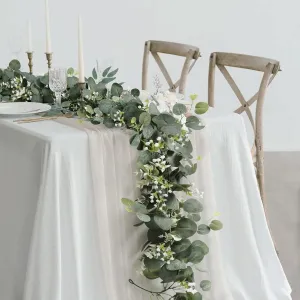SOMYTING Artificial Eucalyptus Garland with White Flowers 2 Packs 5.9Ft Silver Dollar Leaves Eucalyptus Garland Faux Greenery Vines for Wedding Arch Table Runner Mantle Party Room Decor