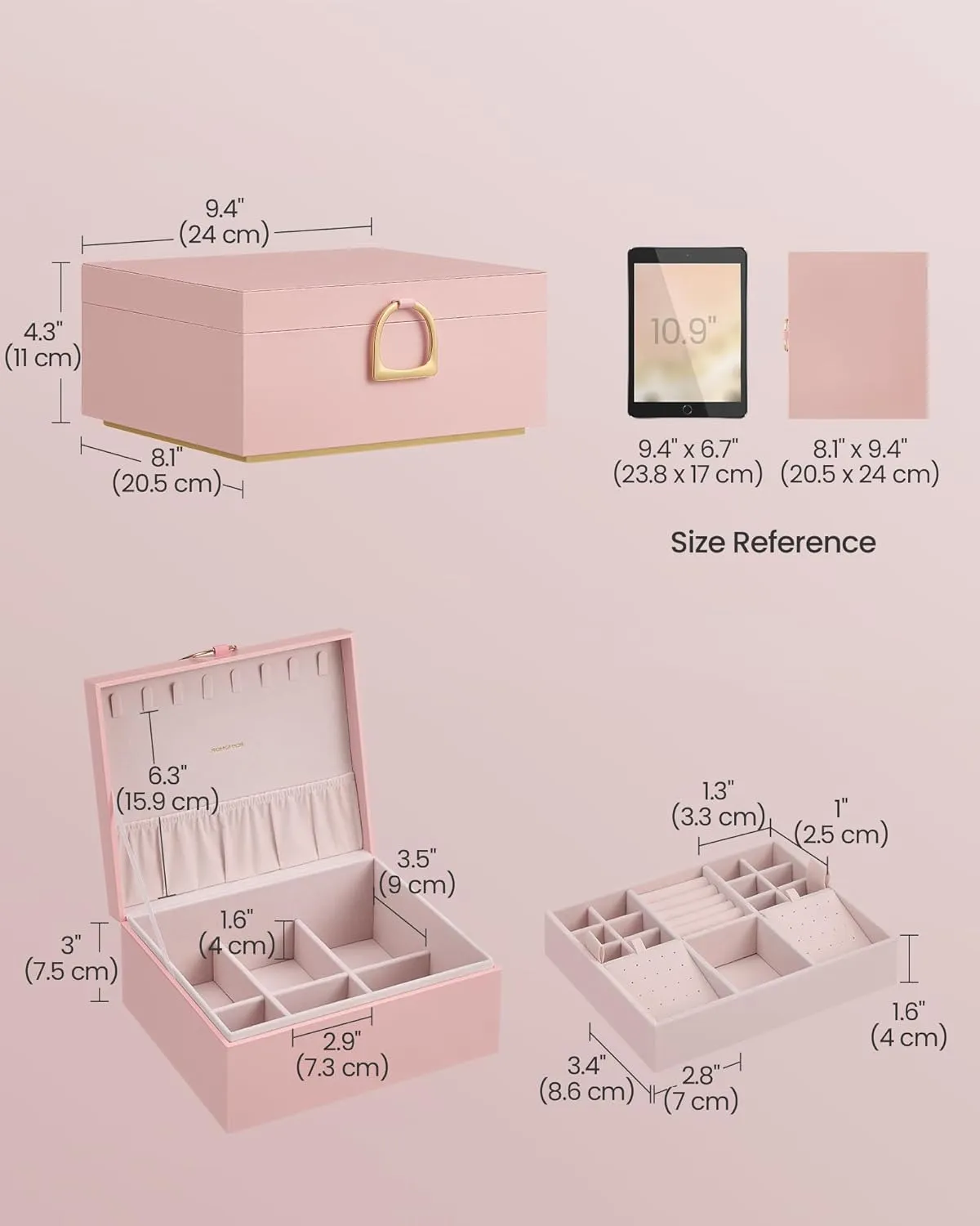 SONGMICS 2-Layer Jewelry Box, Jewelry Organizer with Handle, Removable Jewelry Tray, Jewelry Storage, Floating Effect, 8.1 x 9.4 x 4.3 Inches, Gift Idea, Jelly Pink UJBC165R01