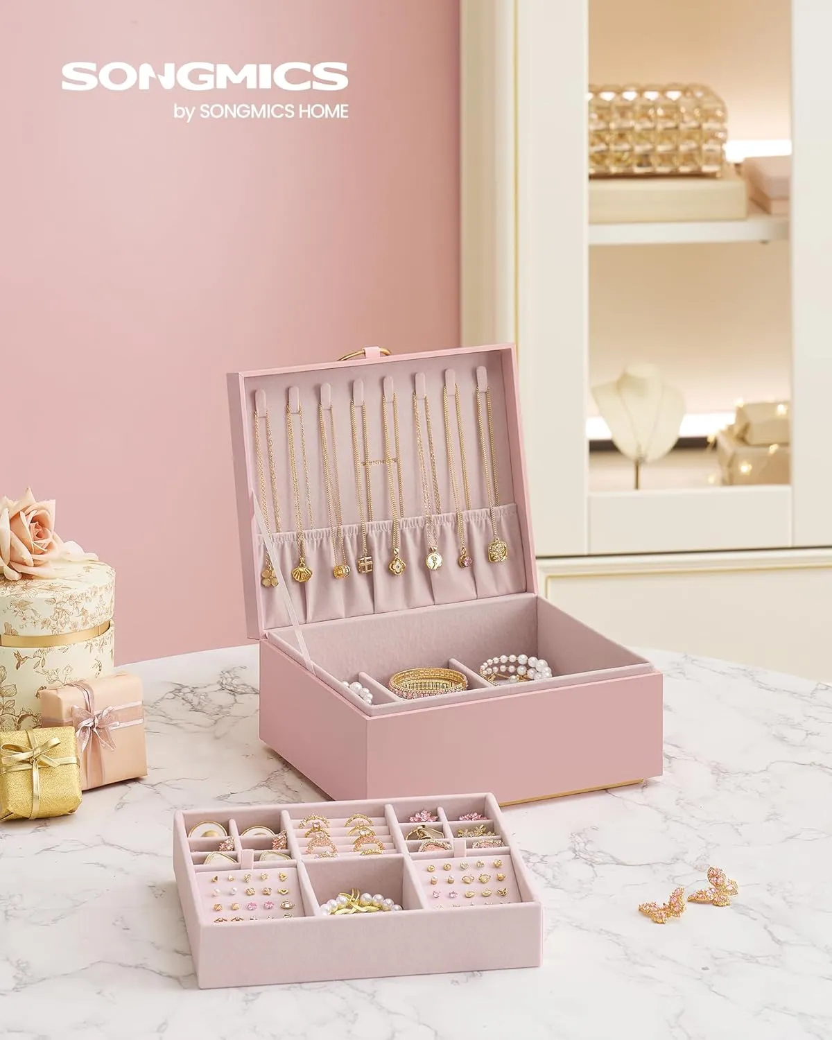 SONGMICS 2-Layer Jewelry Box, Jewelry Organizer with Handle, Removable Jewelry Tray, Jewelry Storage, Floating Effect, 8.1 x 9.4 x 4.3 Inches, Gift Idea, Jelly Pink UJBC165R01