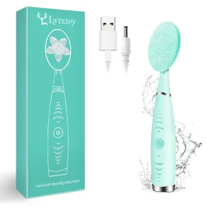Sonic Facial Cleansing Brush, Lyrzzey Portable Handled Face Cleansing Brush with 5 Adjustable Speeds Vibrating Rechargeable Face Cleansing Brush for Deep Cleaning Gentle Exfoliating Massaging(Blue)