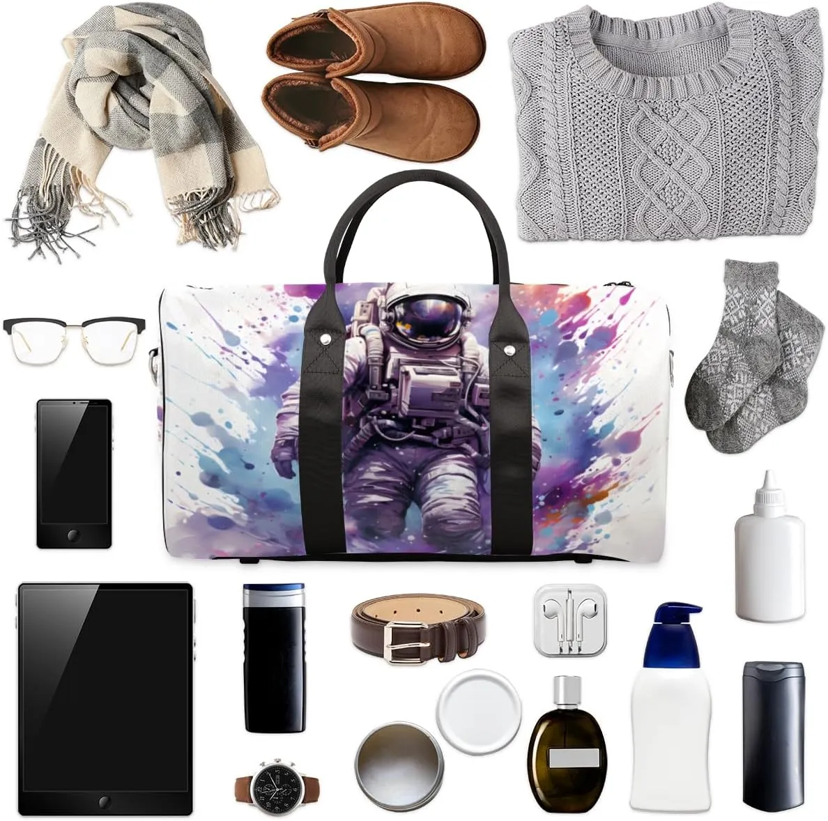 Space Astronaut Travel Duffle Bag for Women Men Gym Duffel Foldable Bag Waterproof Weekender Colorful Fantasy Duffle Tote