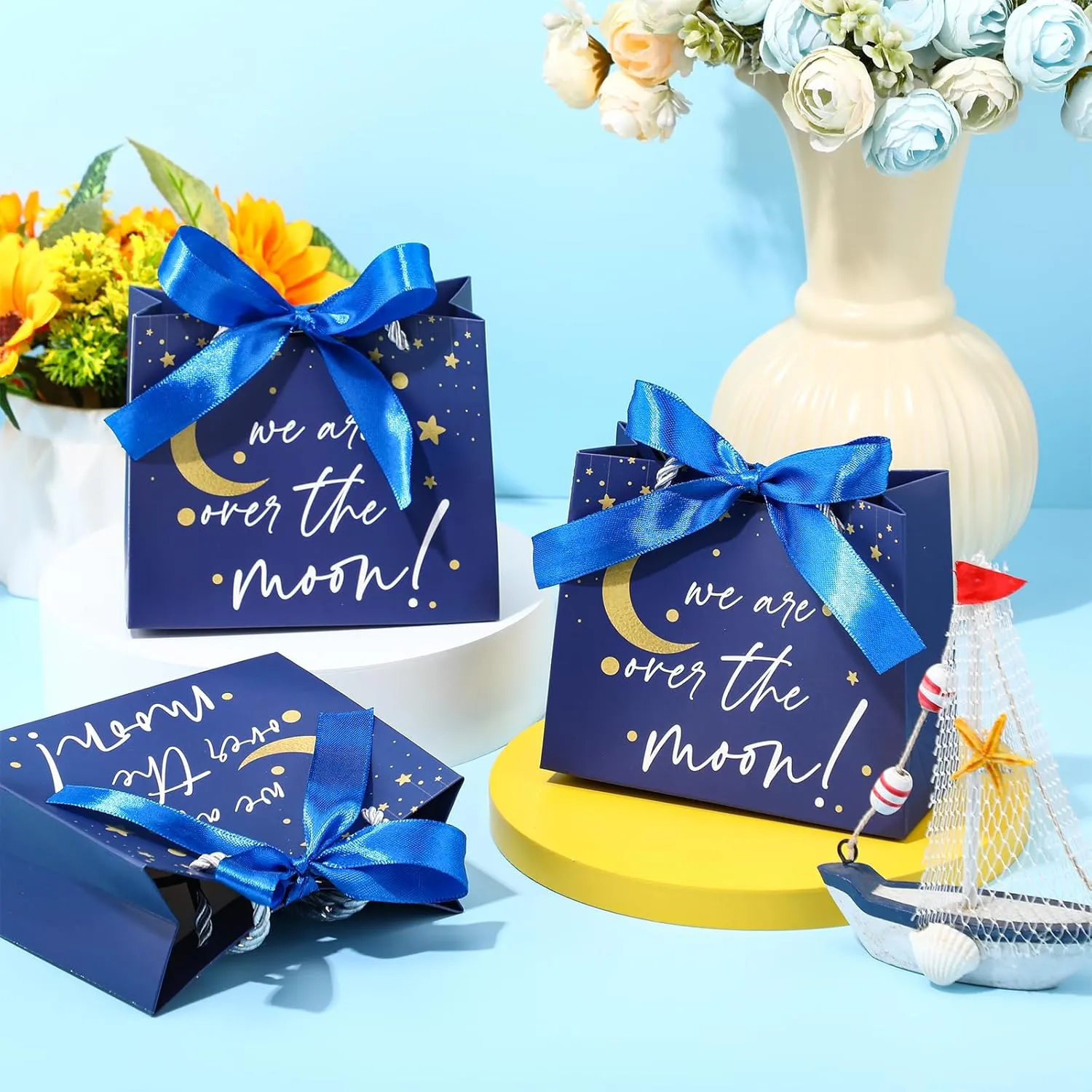 Spakon 25 Pack Star Gift Bag for Guests over the Moon Gifts Bag with Handles Paper Goodie Gift Bags with Ribbon for Newborn Gender Reveal Favors Baby Shower Party Favors