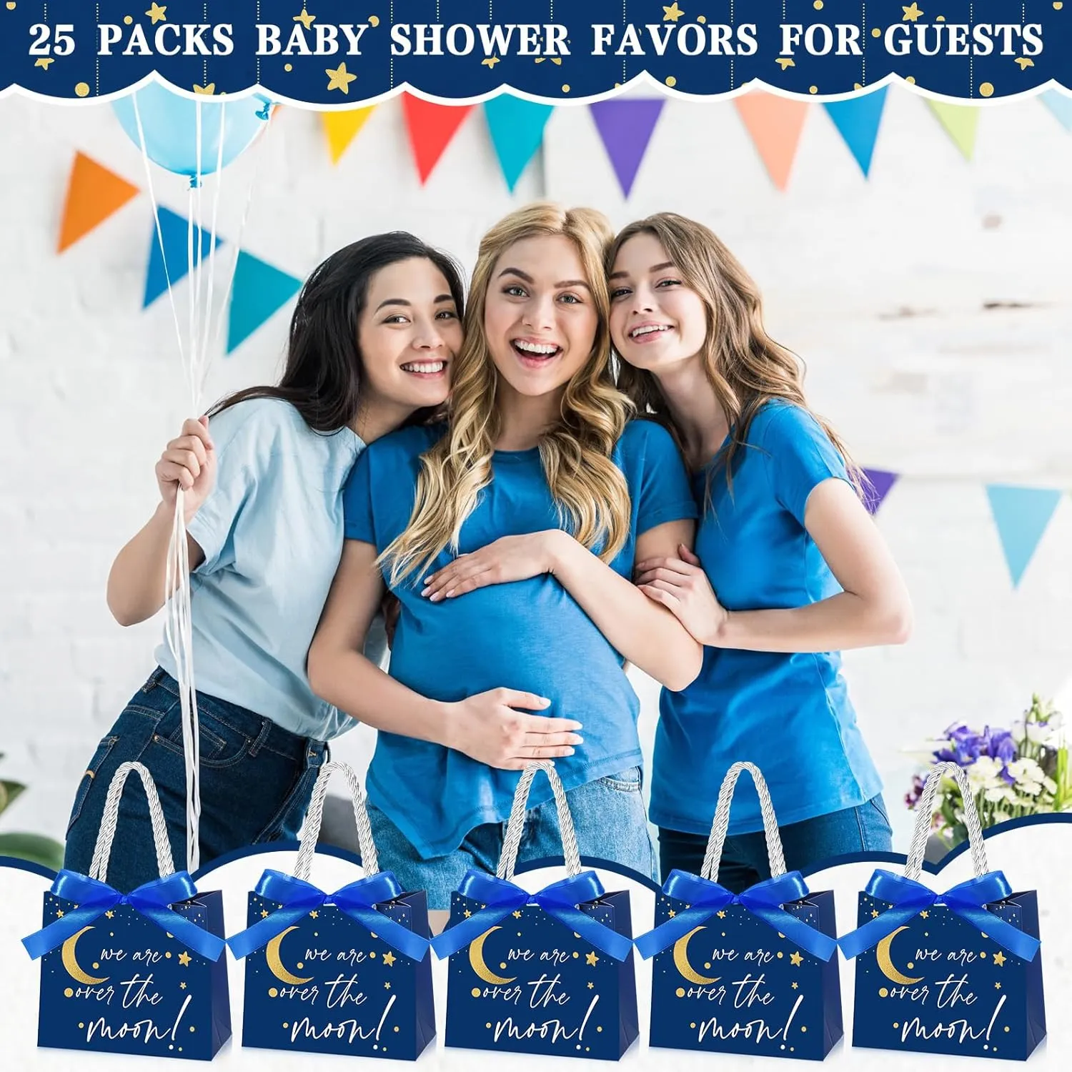 Spakon 25 Pack Star Gift Bag for Guests over the Moon Gifts Bag with Handles Paper Goodie Gift Bags with Ribbon for Newborn Gender Reveal Favors Baby Shower Party Favors