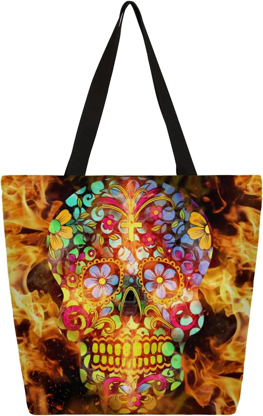 Sparks Flower Skulls Large Capacity Canvas Tote Bag Stylish Handheld Shoulder Bag Reusable Shopping Bag for Work Travel Beach Trips Shopping