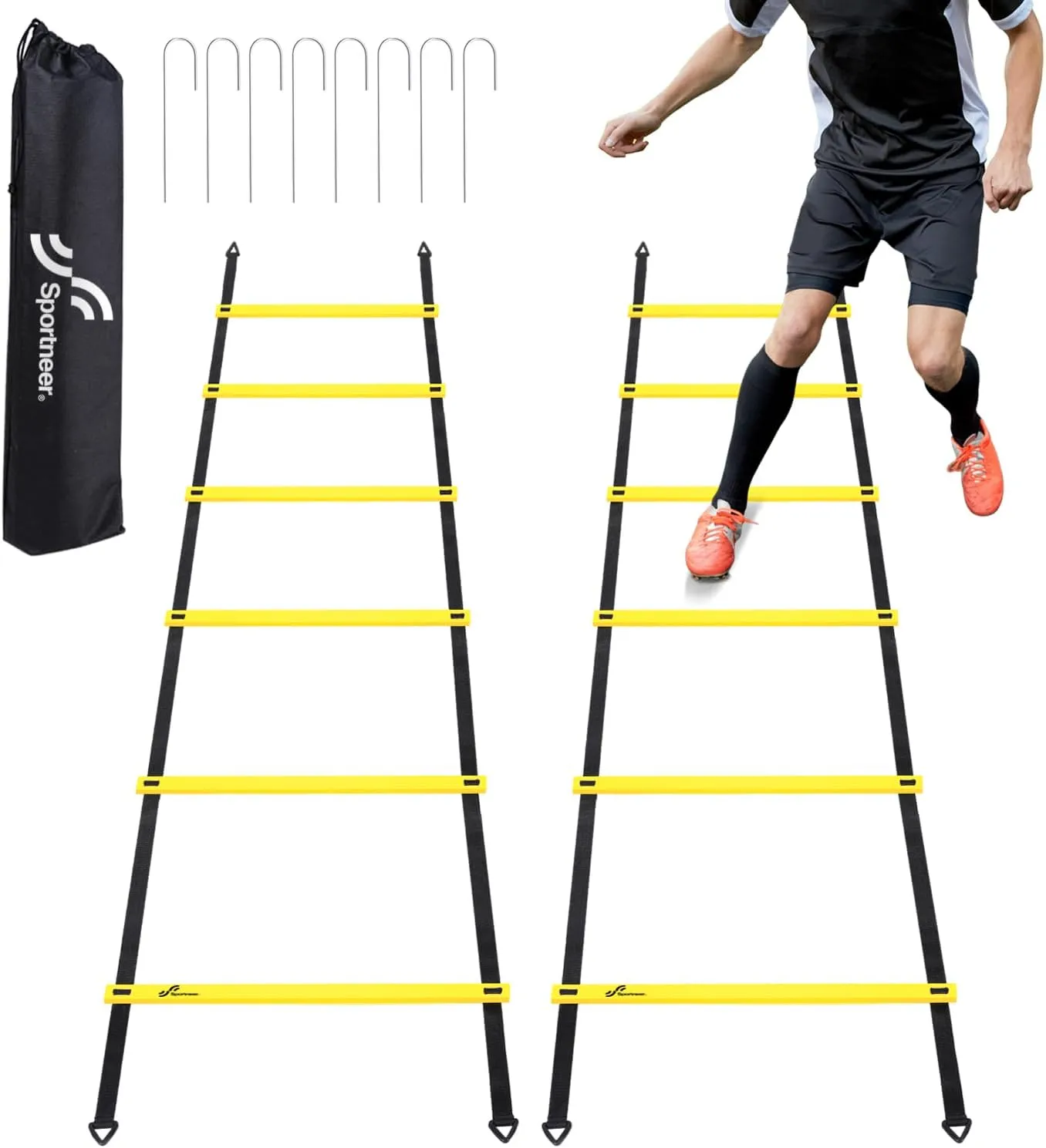 Sportneer Agility Ladder Speed Training Set - 12 Rungs 20ft Detachable Exercise Ladders in 2pcs (6 rungs each) with Ground Stakes for Soccer Football Footwork Training - Ladder with Carry Bag - Yellow