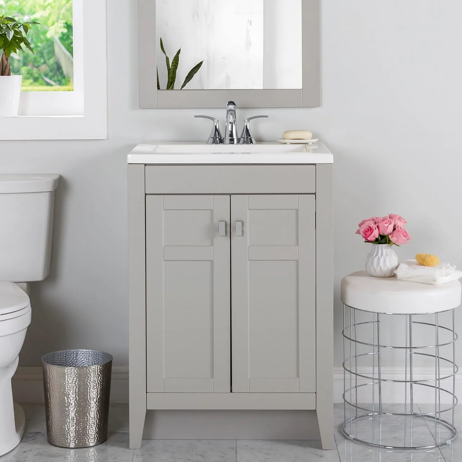 Spring Mill Cabinets Lonsdale 24 Inch Bathroom Vanity with White Single Sink Top, 2-Door Cabinet, 24.5" W x 18.75" D x 35.21" H, Gray