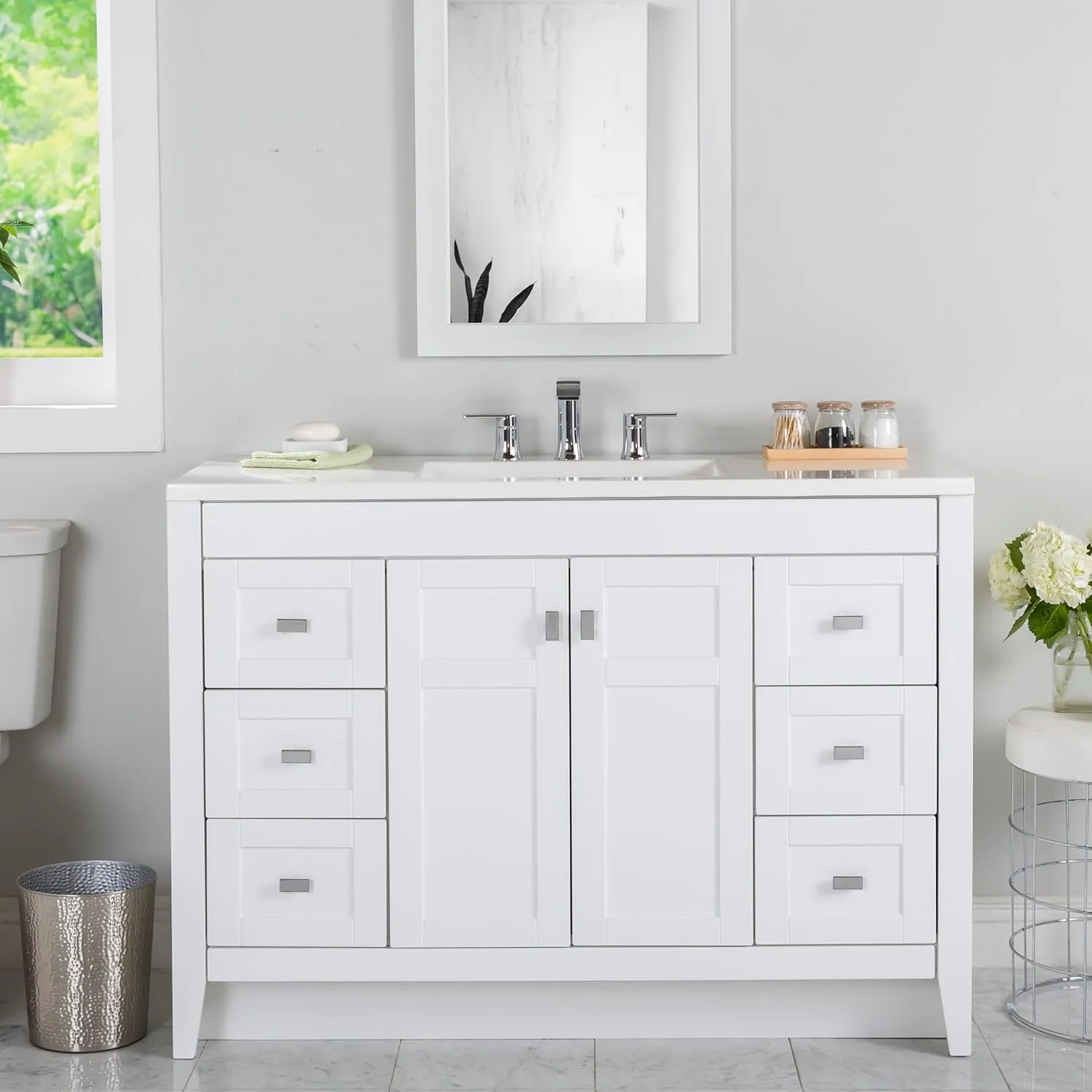 Spring Mill Cabinets Lonsdale 48-Inch Single-Sink Bathroom Vanity with White Top, Soft-Close Cabinet, 6 Drawers, 48.5" W x 18.75" D, White