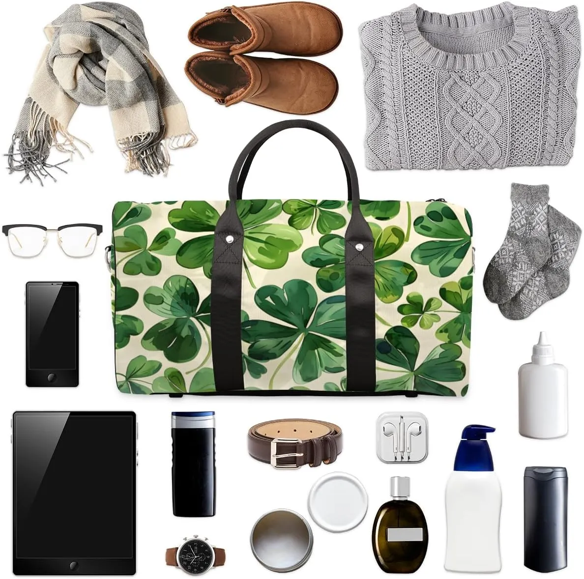 Spring Shamrocks Travel Duffle Bag for Women Men Gym Duffel Foldable Bag Waterproof Weekender St Patrick's Day Duffle Tote