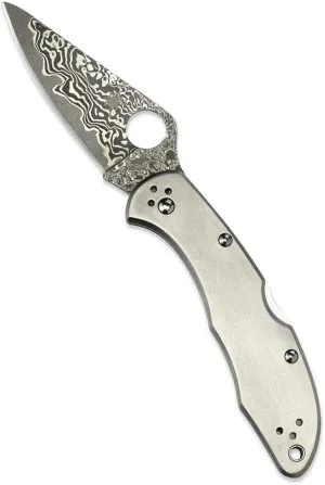 Spyderco - Delica 4 Titanium Handled Damascau Knife with PlainEdge Stainless Steel Blade - Trademarked Round Hole - Back Lock Mechanism - C11TIPD