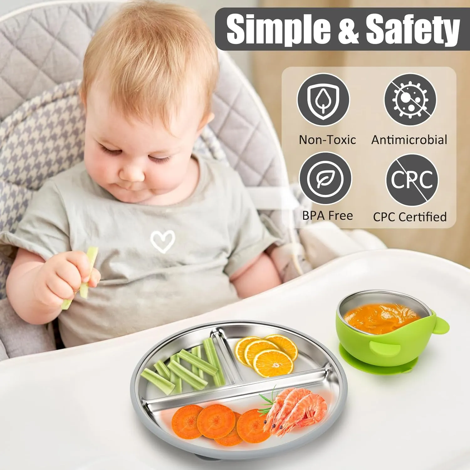 Stainless Steel Baby Plate and Bowls with Suction, Divided Kids Baby Plate and Toddler Bowl with Removable Silicone Suction, Non-Slip Baby Feeding Set Dishwasher Safe，4 Packs