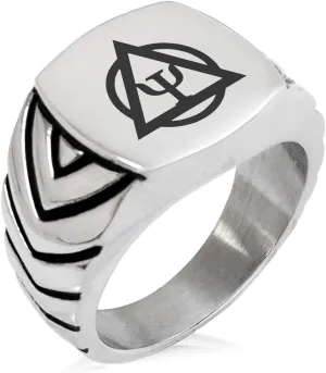 Stainless Steel Psion Emblem Chevron Pattern Biker Style Polished Ring