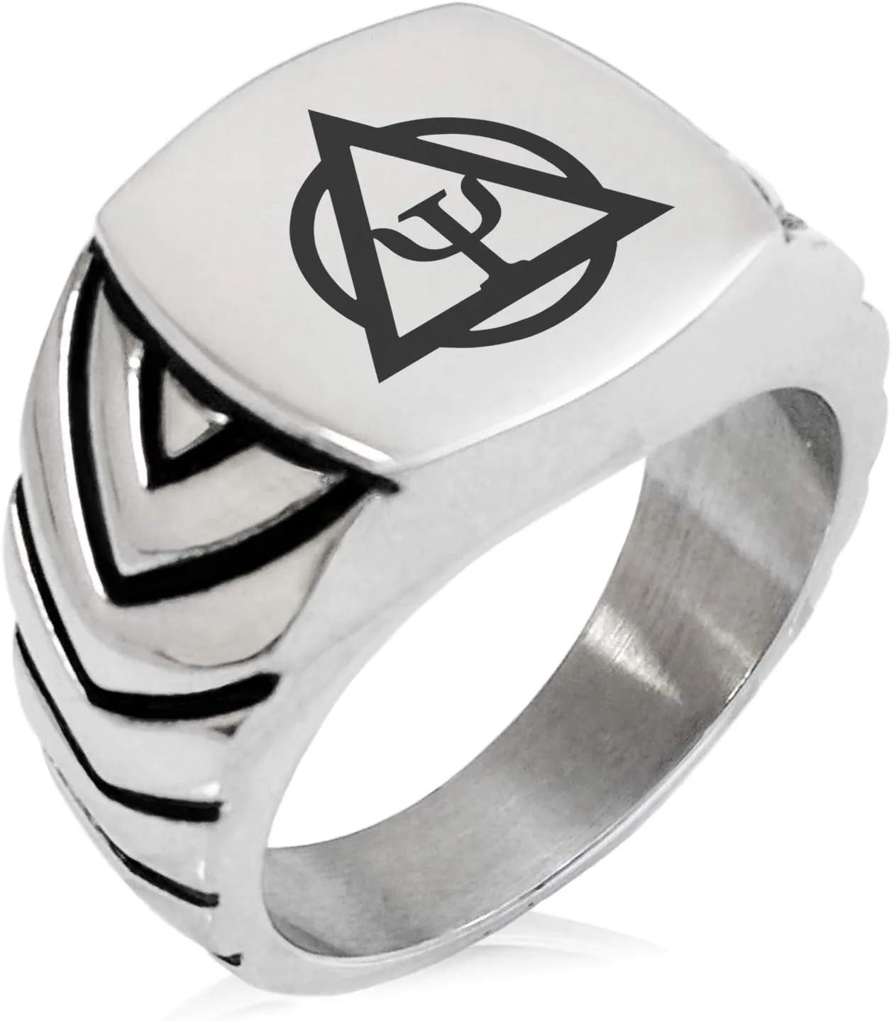 Stainless Steel Psion Emblem Chevron Pattern Biker Style Polished Ring