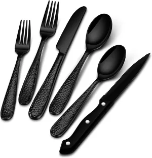 Stapava 48-Piece Black Hammered Silverware Set with Steak Knives, Food Grade Stainless Steel Flatware Set for 8, Mirror Tableware Cutlery Include Forks Spoons and Knives Set, Dishwasher Safe Utensils