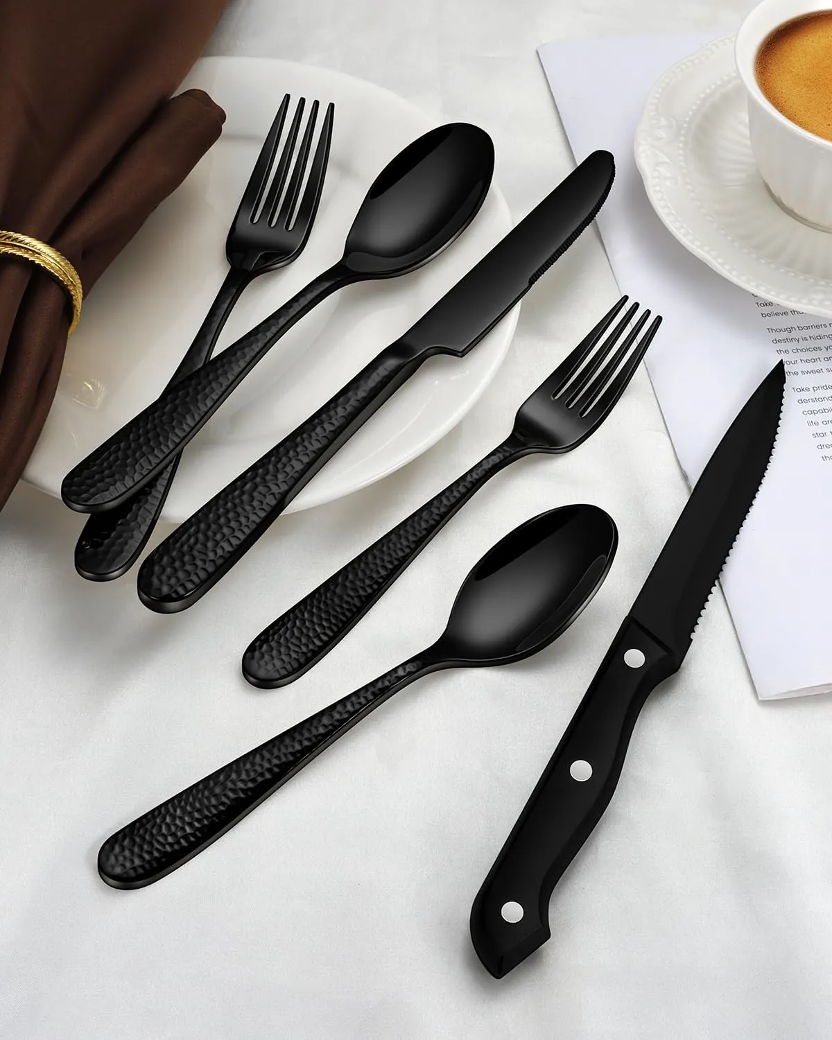 Stapava 48-Piece Black Hammered Silverware Set with Steak Knives, Food Grade Stainless Steel Flatware Set for 8, Mirror Tableware Cutlery Include Forks Spoons and Knives Set, Dishwasher Safe Utensils