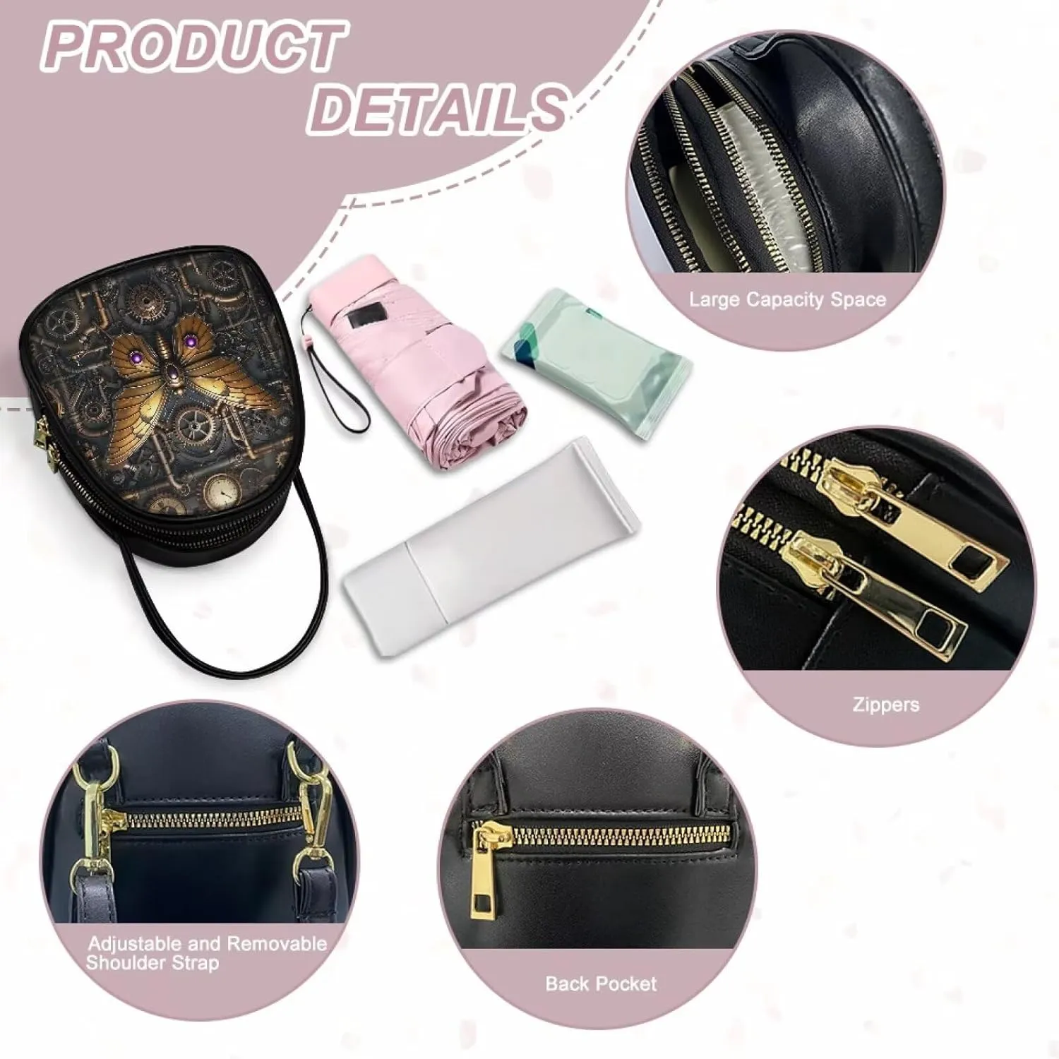 Steampunk Small Crossbody Bag PU Leather Phone Pouch Purse for Women, Top-Handle Shoulder Bags, 6.5x3.15x7.5inch