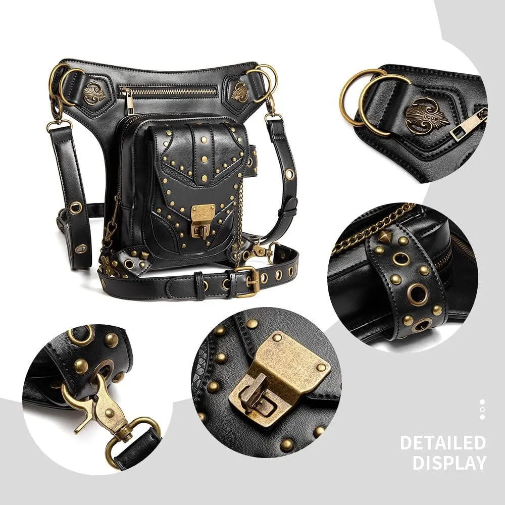 Steampunk Waist Thigh Bag Gothic Fanny Packs for Women Backpack Retro Crossbody Shoulder Bag Vintage Waist Drop Leg Bag Black