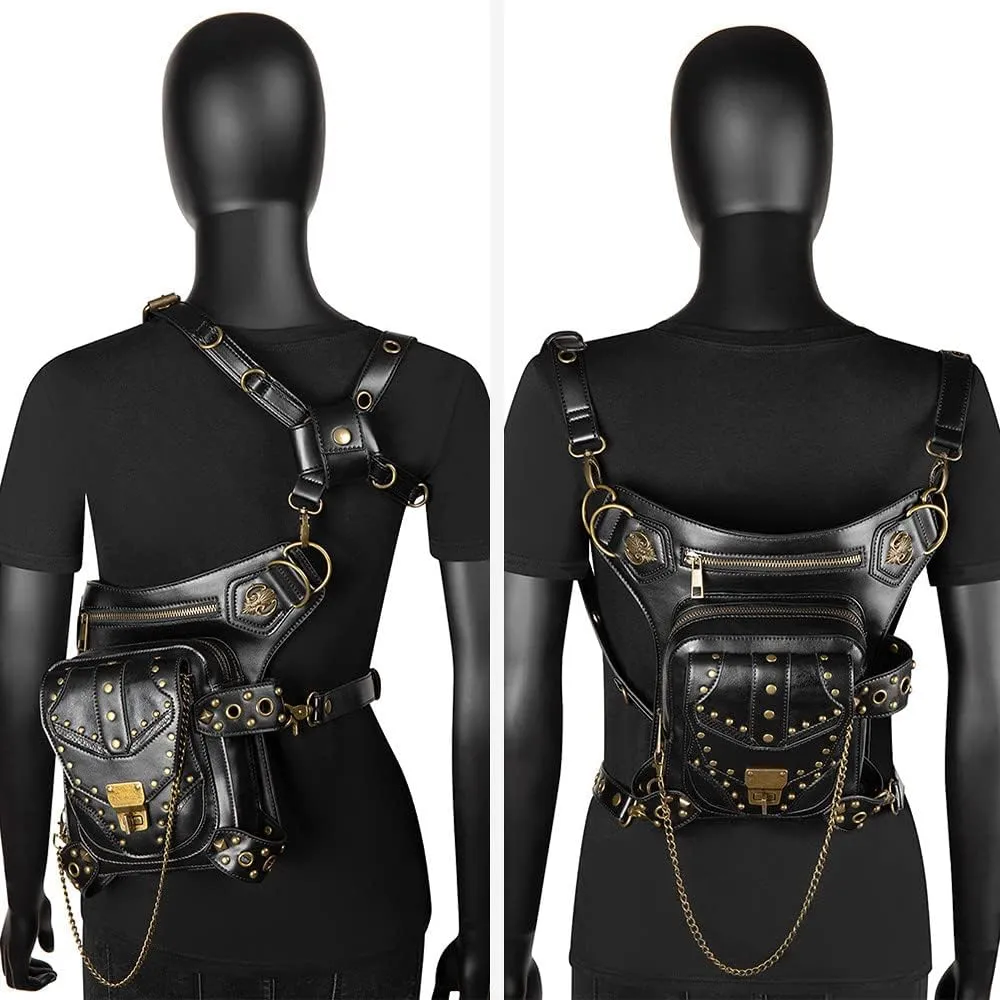 Steampunk Waist Thigh Bag Gothic Fanny Packs for Women Backpack Retro Crossbody Shoulder Bag Vintage Waist Drop Leg Bag Black