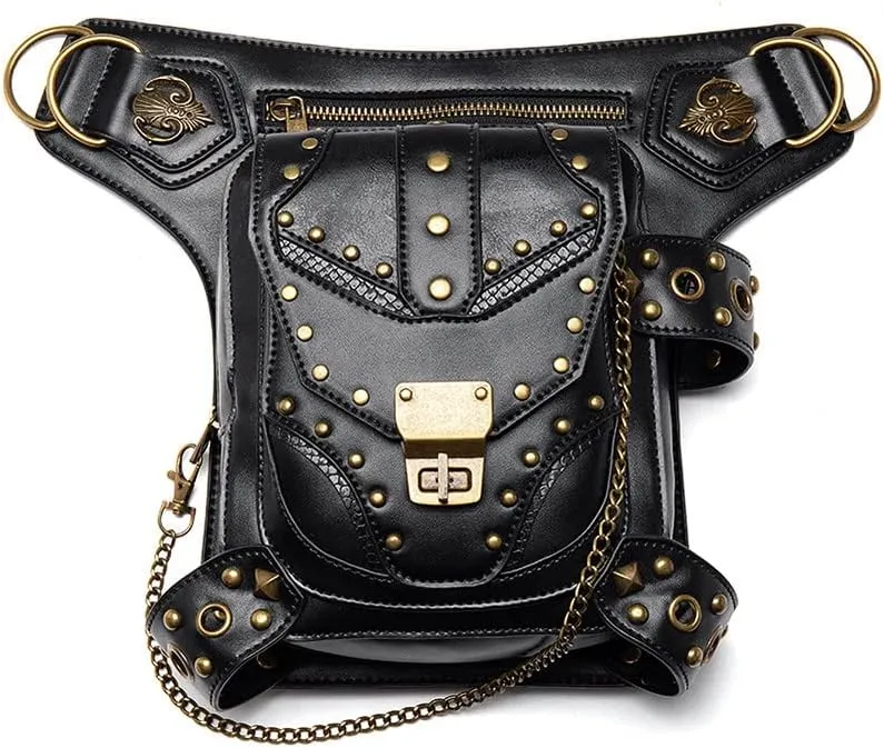 Steampunk Waist Thigh Bag Gothic Fanny Packs for Women Backpack Retro Crossbody Shoulder Bag Vintage Waist Drop Leg Bag Black
