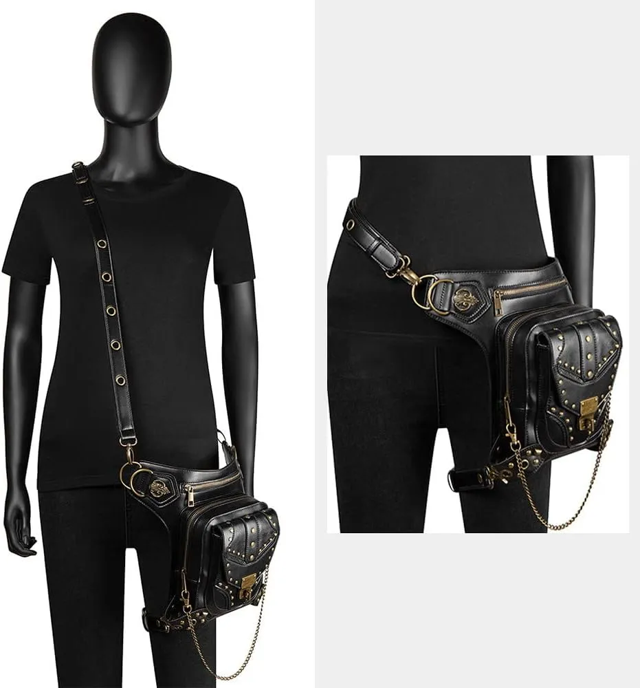 Steampunk Waist Thigh Bag Gothic Fanny Packs for Women Backpack Retro Crossbody Shoulder Bag Vintage Waist Drop Leg Bag Black