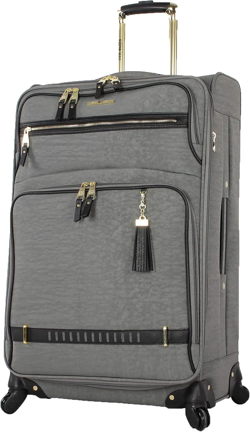Steve Madden Designer Luggage Collection - Lightweight 24 Inch Expandable Softside Suitcase - Mid-size Rolling 4-Spinner Wheels Checked Bag (Peek A Boo Gray, 24in)