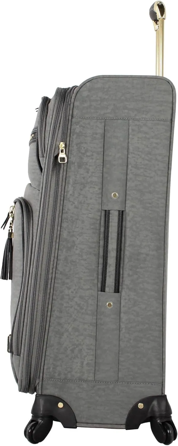 Steve Madden Designer Luggage Collection - Lightweight 24 Inch Expandable Softside Suitcase - Mid-size Rolling 4-Spinner Wheels Checked Bag (Peek A Boo Gray, 24in)