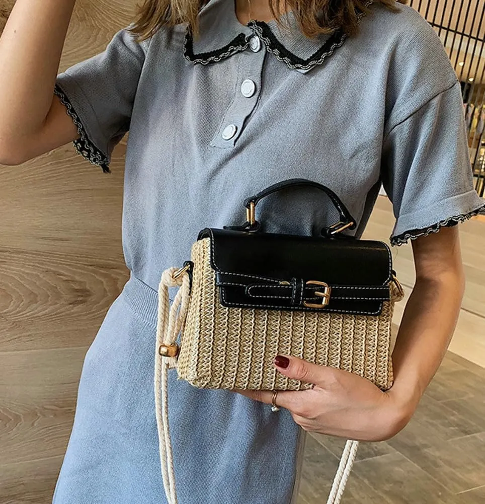 Straw Crossbody Bags for Women Hand Woven Shoulder Bag Leather Top Handle Small Boho Purse Handbags Clutch Beach Bag