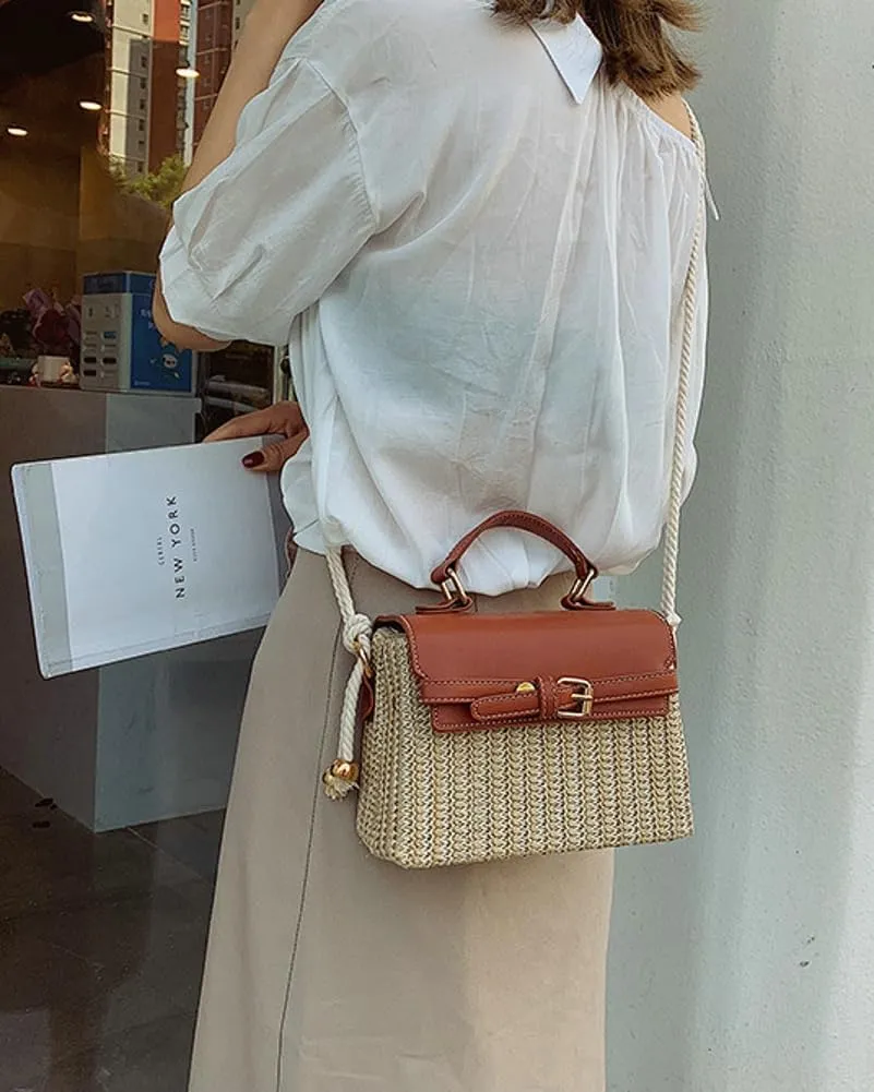 Straw Crossbody Bags for Women Hand Woven Shoulder Bag Leather Top Handle Small Boho Purse Handbags Clutch Beach Bag