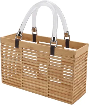 Straw Tote Elegant wood Handbag Summer Tote Rectangular Hollow Design with Acrylic Handle for Stylish Shopping