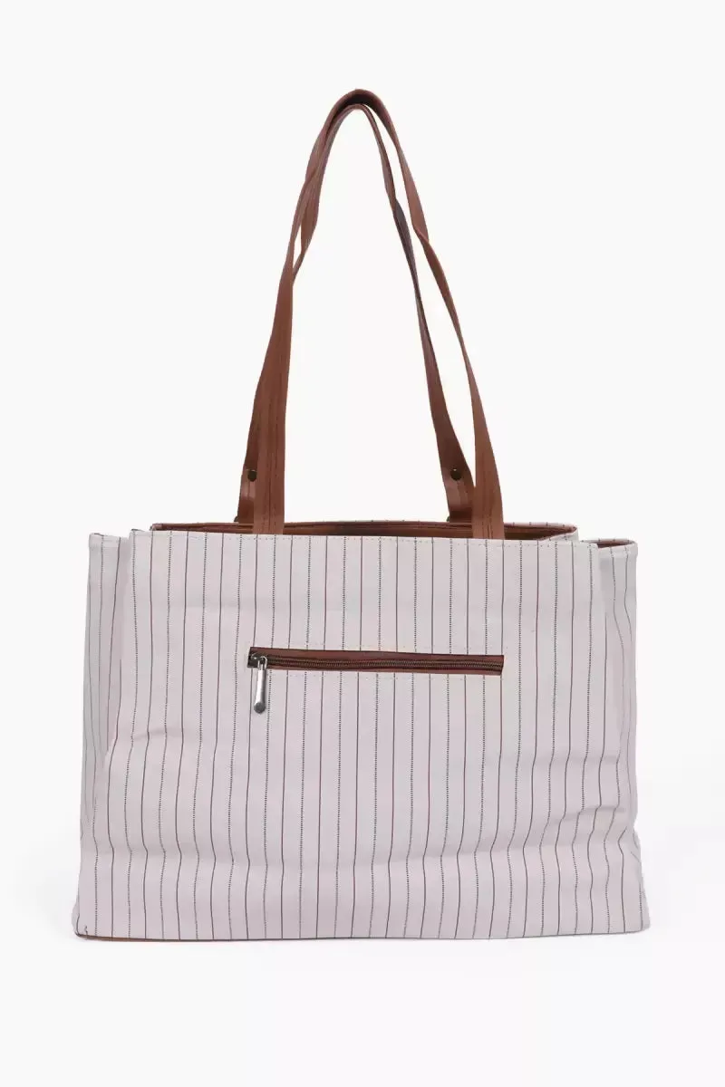 Stripe Printed Casual Hand Bag for Women - White