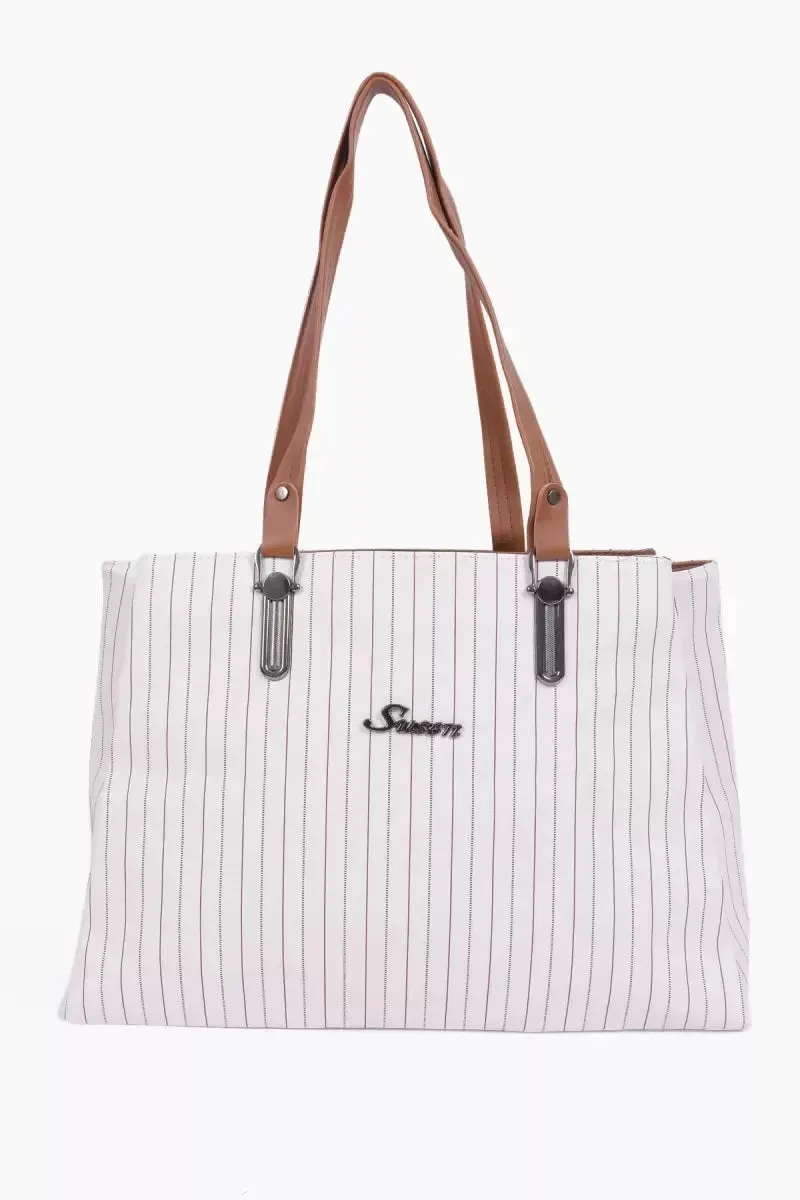 Stripe Printed Casual Hand Bag for Women - White