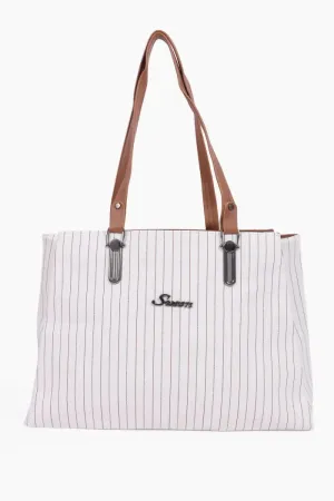 Stripe Printed Casual Hand Bag for Women - White