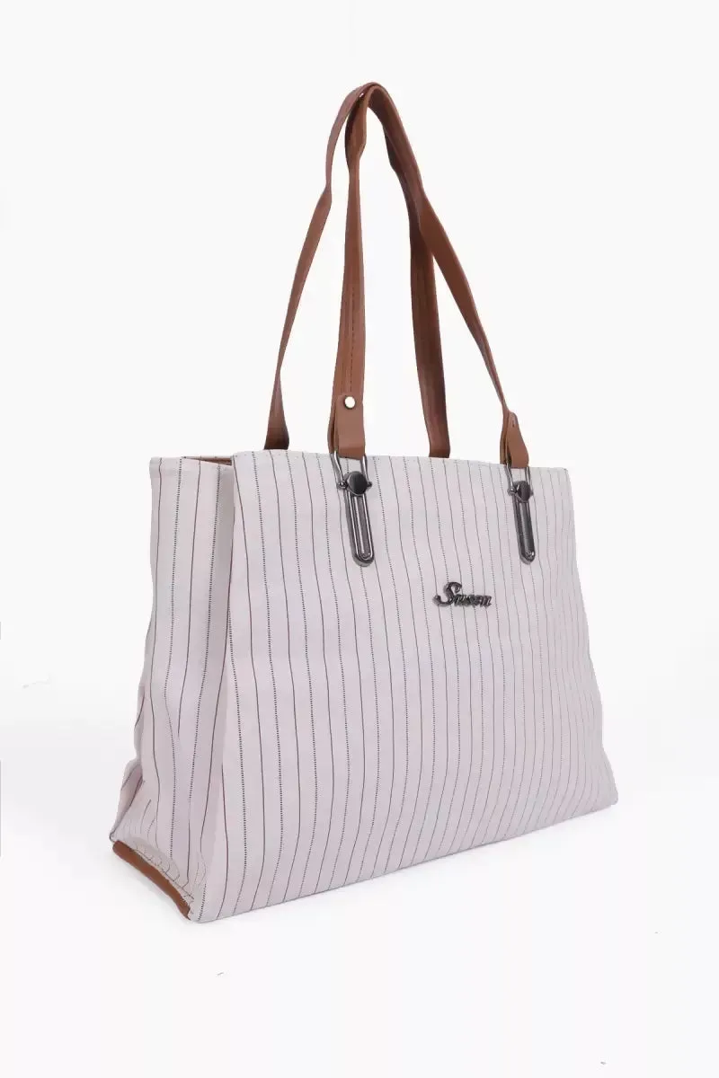 Stripe Printed Casual Hand Bag for Women - White