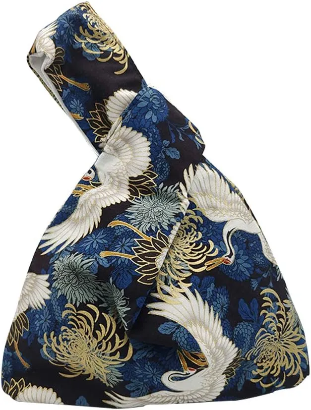 Stylish Cotton Japanese Pattern Wrist Bag Sleeve Knot Pouch Portable Canvas Tote Purse for Female, Women