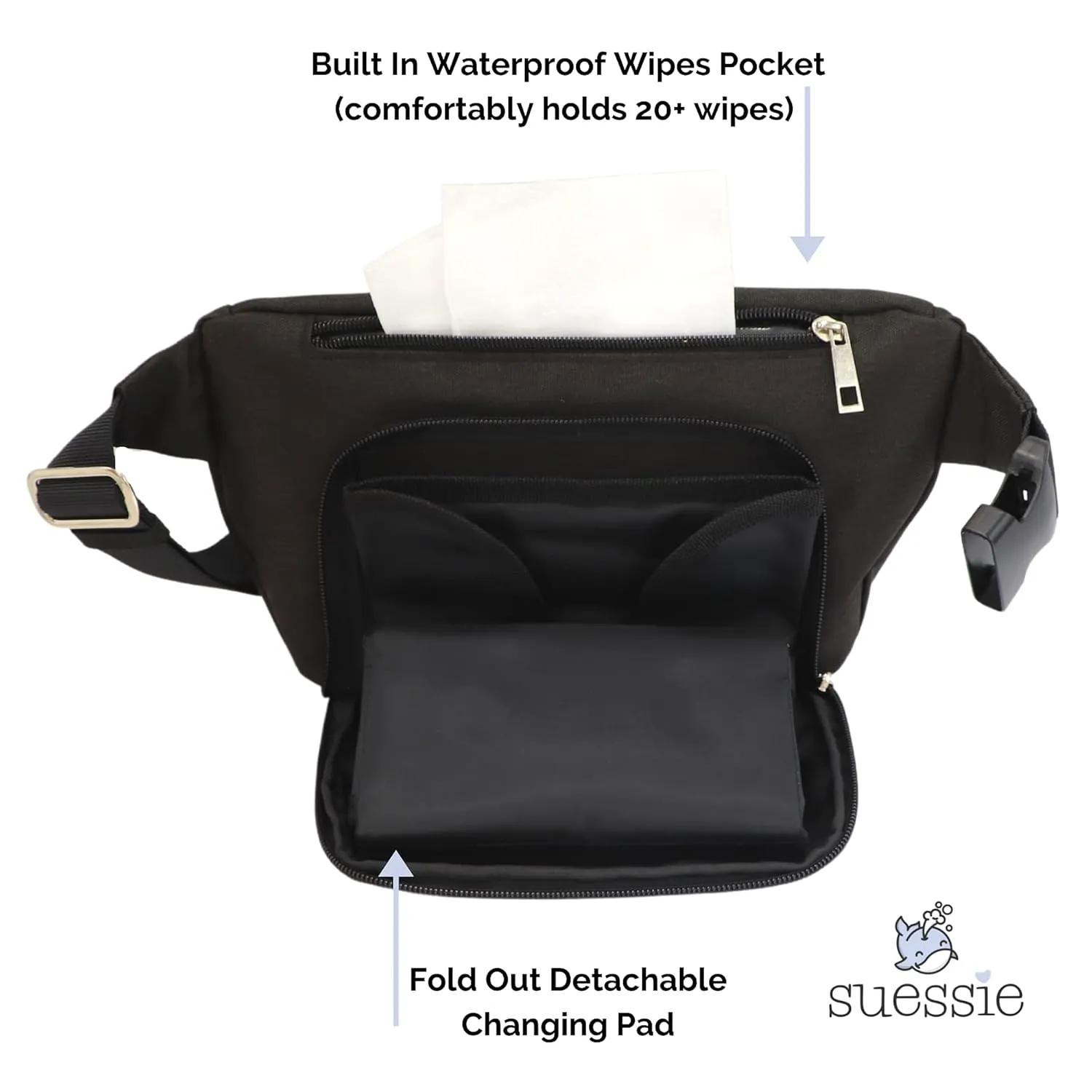 Suessie Fanny Pack Diaper Bag - with Baby Changing Pad & Waterproof Wipes Pocket - Stroller Organizer Black