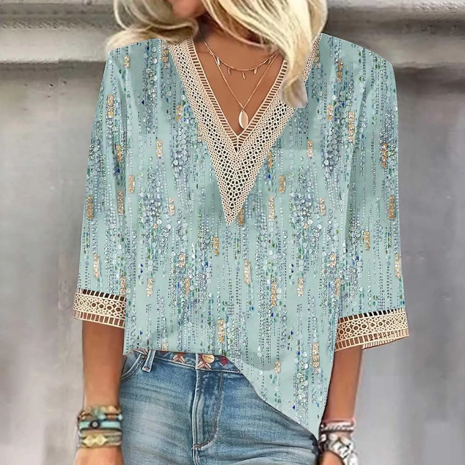 Summer Tops for Women 2024 Trendy Boho Floral Print Lace v Neck 3/4 Sleeve Shirts Dressy Casual Plus Size Blouses