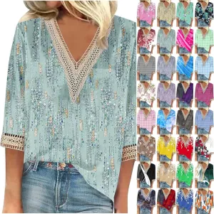 Summer Tops for Women 2024 Trendy Boho Floral Print Lace v Neck 3/4 Sleeve Shirts Dressy Casual Plus Size Blouses