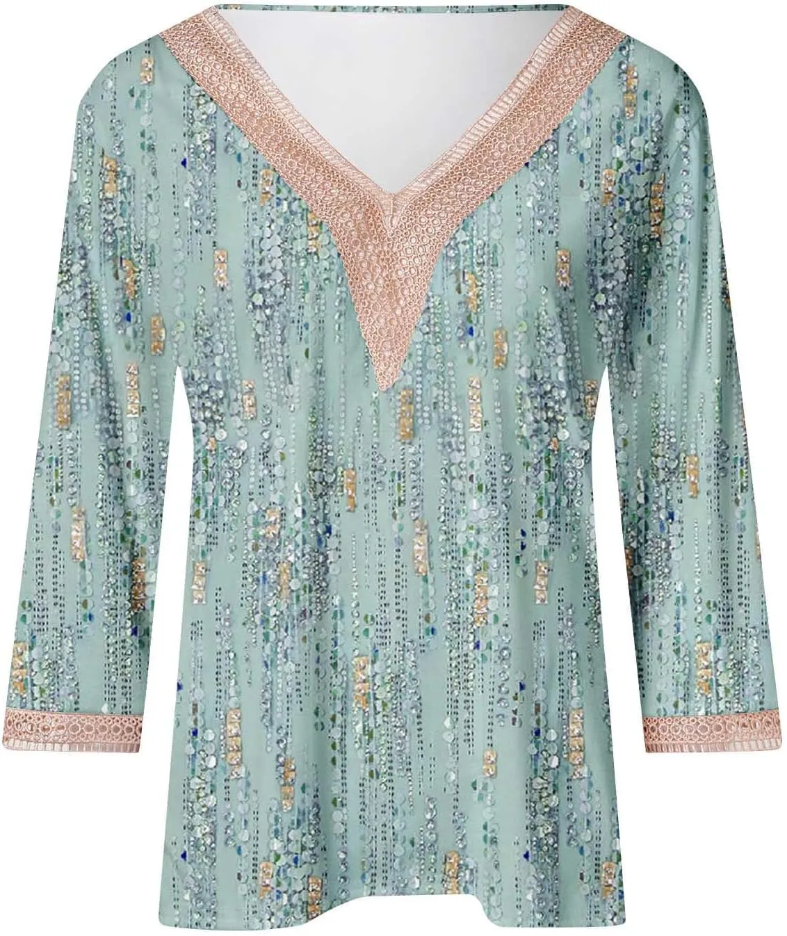 Summer Tops for Women 2024 Trendy Boho Floral Print Lace v Neck 3/4 Sleeve Shirts Dressy Casual Plus Size Blouses