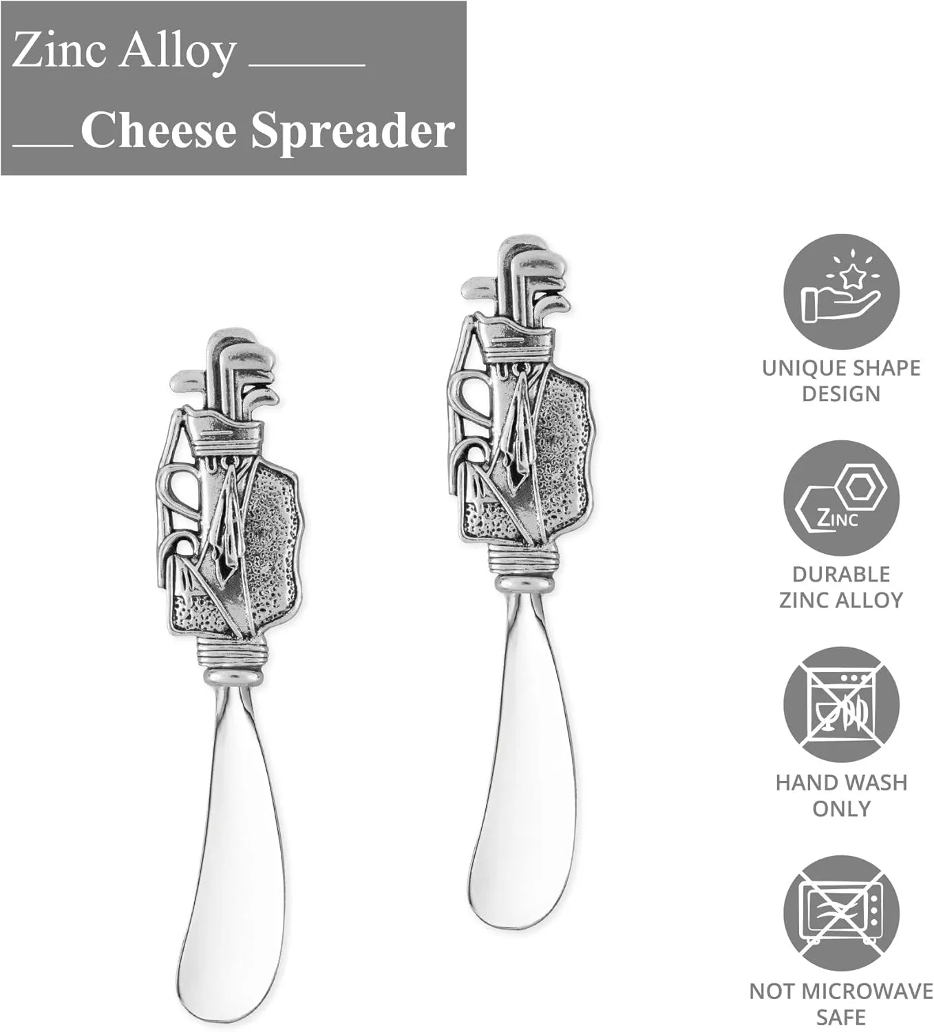 Supreme Housewares Golf Bag Cheese Spreader Set, Zinc Alloy Butter Spreaders with Decorative Handles for Cheese, Cream, and Dips, Silver, 5 Inch, Set of 2